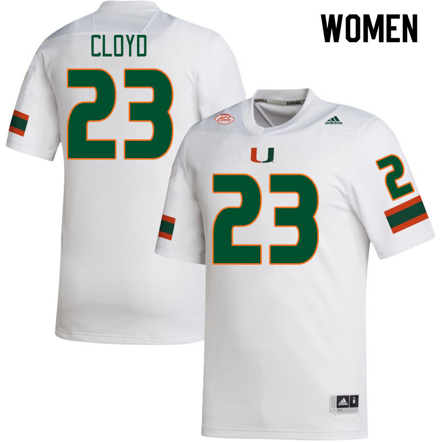 Women #23 K.J. Cloyd Miami Hurricanes College Football Jerseys Stitched Sale-White - Click Image to Close